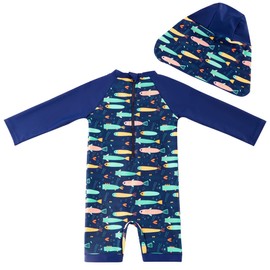 UMELOK Toddler Boy UPF 50+ Sun Protection One Piece Rashguard Swimsuit with Hat, Colorful Fish, 3T