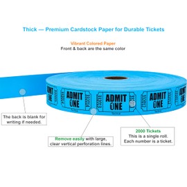 Tacticai 2000 Raffle Tickets, Admit One, Single Roll, Ticket for Events, Entry, Class Reward, Fundraiser & Prizes - Blue (1 of 8 Colors)