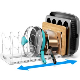 SIMPLE HOUSEWARE Expandable Pan Organizer Rack, 10 Adjustable Compartments, White - Kitchen Cabinet Organizer for Pots, Pans, Lids & Bakeware - Pantry & Countertop Storage