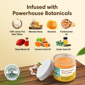 Manuka Honey Unwhipped Tallow Balm – Handmade Grass-Fed Beef Tallow with Frankincense, Vitamin E, Castor Oil, Buah Merah & Turmeric – Hydrates & Nourishes Skin for Men, Women & Kids – 2oz Glass Jar