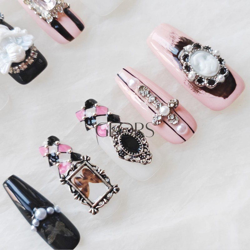GLORS - Gothic Press-on Nails, Long Coffin Shape, Pink Black