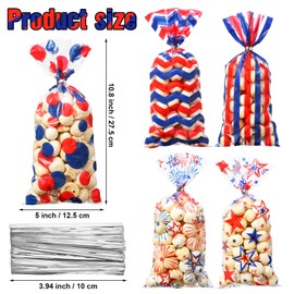 Pasimy 100 Pcs 4th of July Cellophane Bags Patriotic Gift Cello Bags with Silver Twist Ties Independence Day Candy Goodie Treat Bags for July Fourth Veterans Day Memorial Day Party Supplies