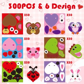 Haooryx 300pcs Valentine’s Day Heart-Shaped Make Animals Face Scene Sticker Rolls, Make Your Own Cute Owl Pig Buuny Sticker Decals Mix and Match Cartoon Animals Face Sticker School Reward for Kids