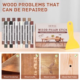 DEWEL Wood Filler Sticks, 12 Colors Wood Crayons for Scratches, Wood Floor Repair Wax Filler Sticks, Furniture Scratch Repair Crayons Kit for Tables, Holes, Scratches
