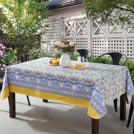 Home Bargains Plus Square Vinyl Tablecloth with Flannel Backing, 52 x 52 Inch, Alluring French Country, Yellow and Blue Floral Vinyl Table Cover, Heavy Weight for Dining Party and Barbecues