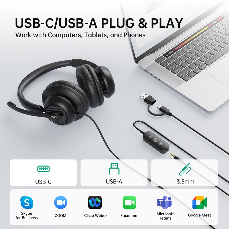 EKSA H8 USB Headset with Microphone for Work, Stereo Wired