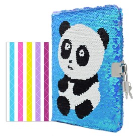 VIPbuy Reversible Sequin Panda Notebook Diary with Lock and Key Lined Travel Journal w/ Photo Corner for Kids Girls Gift, Size A5 (215 x140mm), 156 Pages, Blue to Purple