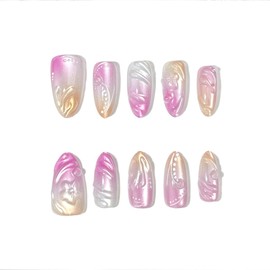 30Pcs Pink Press on Nails Almond Fake Nails Extra Shiny Aurora False Nails Clear 3D Flower Nail Designs Pink White Gradient Glue on Nails Full Cover Glossy Acrylic Nails Press ons Nail for Women