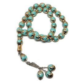 Muslim Tasbih 33 Rosary Bead AMN-276 Islam Prayer dhikr Misbaha with Masjid Image Printed on Laser Crystal Stone Beads Islamic Religion Eid Ramadan Gift (Aqua)