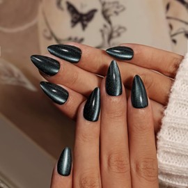 KQueenest Cat Eye Press On Nails Almond Medium, 30 Pcs Glitter Black Press On Nails Summer, Sparkly Fake Nails With Glue, Luxury Glass Nails Press ons, Reusable Stick on Nail for Women Gift