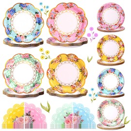 BSRESIN 72 Pcs Tea Party Tableware Set, 9" 7" Paper Floral Disposable Dessert Plates with Tea Napkins for Birthday Baby Shower Bridal Wedding Garden Party Decorations Supplies