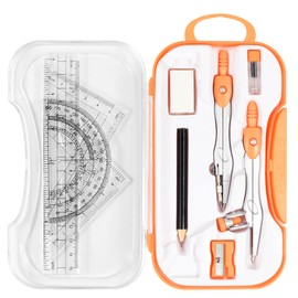 Unjoo Math Geometry Kit Sets 10 Piece Student Supplies with Shatterproof Storage Box,Includes Rulers,Protractor,Compass,Eraser,Pencil Sharpener,Lead Refills,Pencil,for Drafting and Drawings（Orange）