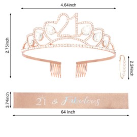 Amariver 21st Birthday Sash and Crown for Girls - Rose Gold Rhinestone Tiara & Sash Set - 21&Fabulous Birthday Decoration for Party Gifts