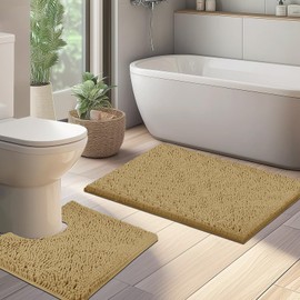 LUSCHEER 2 Piece Bath Mat Set, Luxury Chenille Ultra Soft Plush Non Slip Rug and Toilet Mat, Water Absorbent Machine Washable for Bathroom Floor (Khaki, 80 x 50 cm + U Shaped 50 x 50 cm)