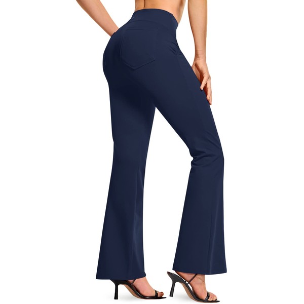 TSLA Womens Bootcut Yoga Pants with Pockets, Tummy Control High Waist Bootleg Yoga Pants, 4 Way Stretch Workout Pants, Bootcut Navy, Small