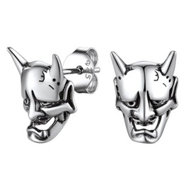 Suplight 925 Sterling Silver Demon Oni Earrings Gothic Jewelry Devil Punk Skull Stud Earrings for Men Women