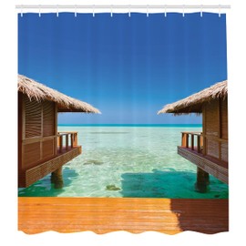 Ambesonne Playa Cortina de Baño, Bungalows en Las Maldivas, Paño Conjunto de Decoración de Baño de Tela y Ganchos, 70" Alto, Marrón Claro Naranja Azul