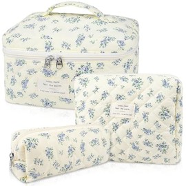 Gosect Bolsa de maquillaje acolchada floral, 3 tamaños, algodón natural, para viaje y organización de cosméticos, regalo para mujeres