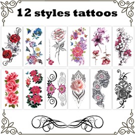LEADTEAM 12 Sheets Fake Tattoos, Temporary Tattoos, 3D Colour Tattoo, Rose Tattoo, Flower Tattoo, Arm Tattoos, Adult Tattoos, Stick-On Women's Temporary Tattoo, Men's Fake Tattoos Women