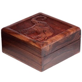 mtb more energy Decorative Real Wood Box "Indian Elephant" - Jewellery Box Made of Sheesham Wood with Carved Elephant - 12 x 12 x 6 cm - Storage Box