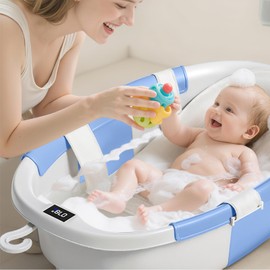 Collapsible Baby Bathtub, Baby Tubs for Newborns with Soft Cushion & Thermometer & Toy Organizer Mesh Bag, Infant Bathtub to Toddler 0-36 Months, Portable Travel Bathtub (Blue)