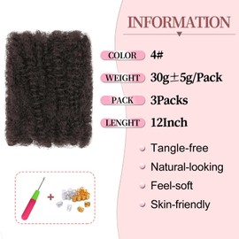 12 Inch Afro Kinky Curly Braiding Hair Bulk for Dreadlock Extensions 3 Packs Brown Marley Twist Hair Bulk for Mini Twist Repair Locs Spring Afro Twist Hair Bulk, 30g /Pack (4#, 12inch)