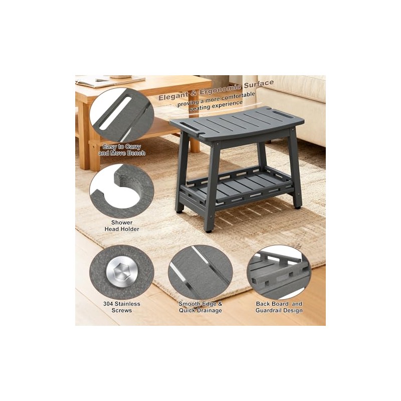 Large HDPE Shower Bench Seat for Shaving Legs, Waterproof Shower