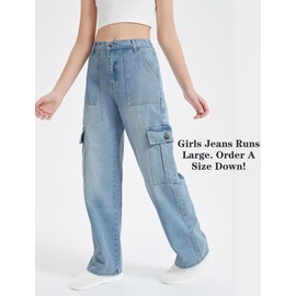 EXARUS Girls Jeans Baggy Pants Wide Leg Cargo High Elastic Waistband Kids Straight Denim Loose Pant with Pockets Youth Trousers Mid Blue Wash 14Y