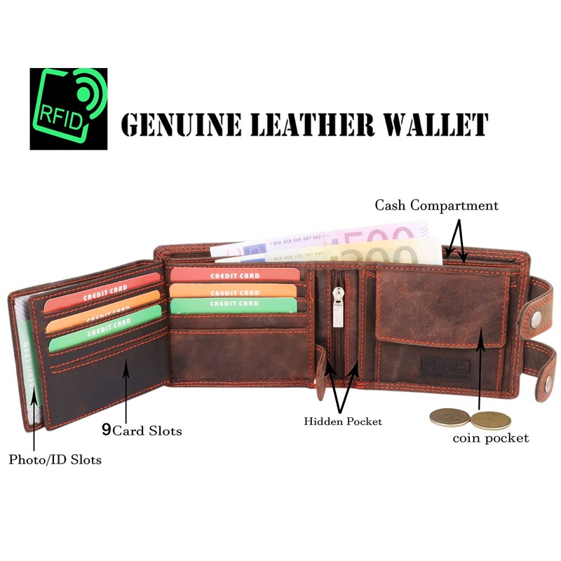 MORUCHA RFID Blocking Men's Biker Wallet Genuine Distressed Hunter Leather