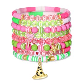 CENAPOG Pink Green Witch Bracelets Crown Witch Hat Friendship Matching Bracelets Stacking Beaded Stretch Bracelet for Glinda Elphaba Movie Fans Gifts