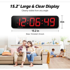 SERPHIX 15.2" Large Digital Wall Clock with App & Remote Control, Customizable RGB Colors, 10 Alarms, Stopwatch, Countdown, Timer Clock for Home Gym Living Room Office Garage Decor