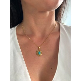 Vintage Medaillon Halskette mit Türkis, 18K Vergoldet Edelstahl, Verstellbare Kette, Wasserfest