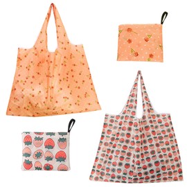 ZooviHyvi Extra Large 50lbs Foldable Reusable Shopping Bags kitchen reusable grocery bags Washable Polyester Bags in Pocket(2 set, Pink Fruit)