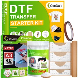 CenDale DTF Transfer Film Powder Kit - 30 Sheets A3 DTF Film for Sublimation, 14oz White Medium DTF Powder, DTF Starter Kit for DTF/Sublimation Printer, Hot & Cold Peel DTF Paper for All Color Fabrics