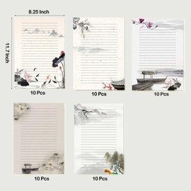 50 Writing Stationery Paper, Lined Stationery Paper for Writing Letter, Notes, Invitations, Letter Writing Paper with Lines, 100 GSM, 5 Different Style (11.7 x 8.26")