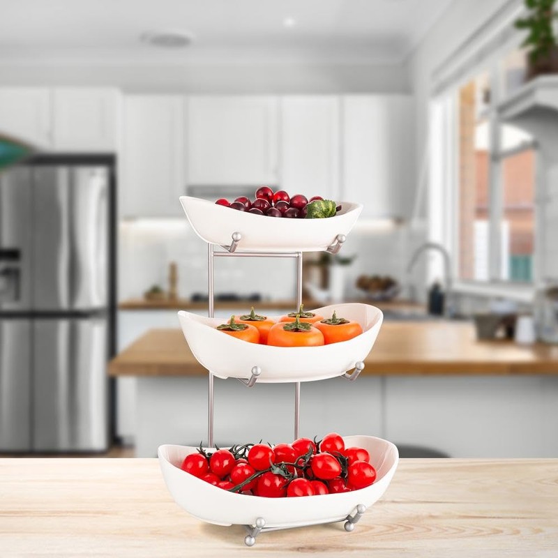 YYW 3 Tier Fruit Bowl for Kitchen Counter, White Ceramic