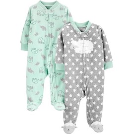 Simple Joys by Carter's Baby 2-Pack Neutral Fleece Footed Sleep and Play, Grey Stars/Mint Green Elephant, 6-9 Months