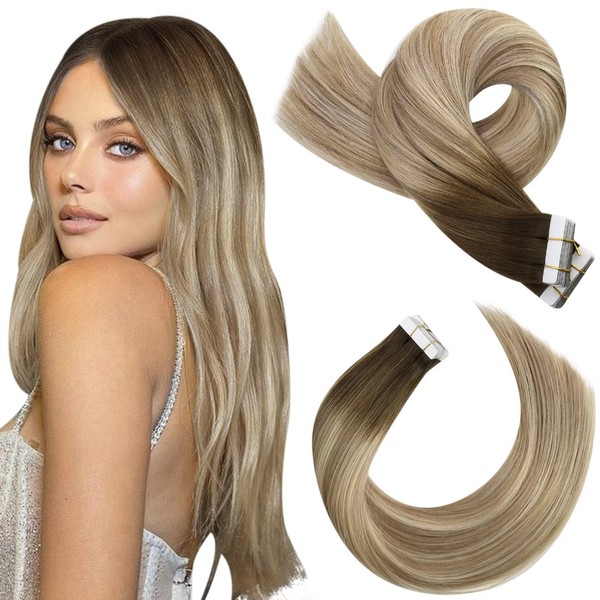 Moresoo Real Hair Extensions, Tape-In Remy Hair Extensions, Dark Brown to Light Brown with Blonde #3/8/22, Ombre, Invisible Tape, 20 Pieces, 50 g, 45 cm