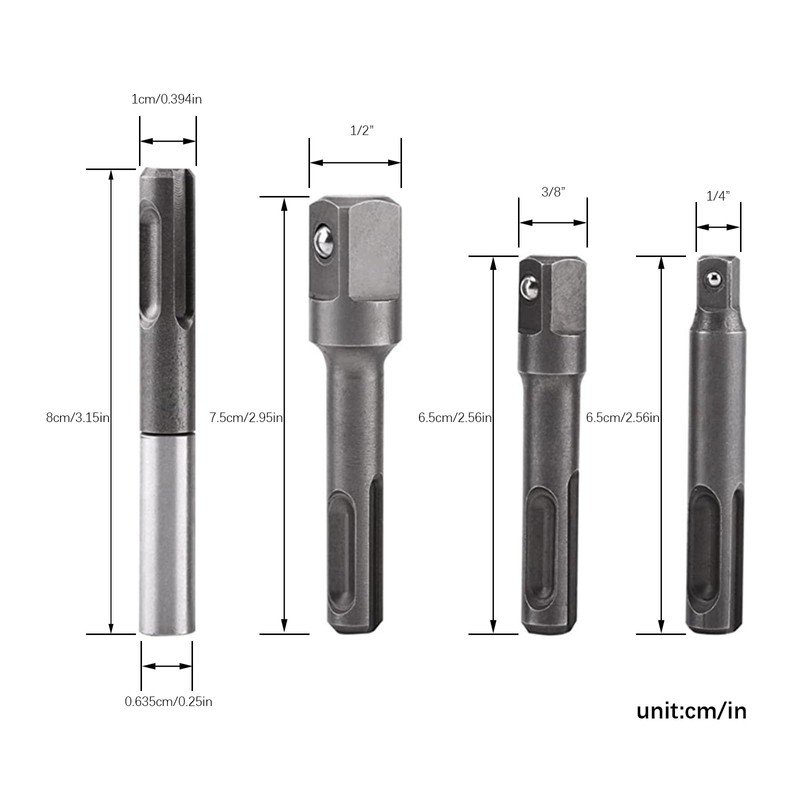 4Pcs SDS Plus Socket Adapter Set, 1/4" Hex Socket Adaptor