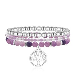 Women's Bead Tree of Life Bracelet: 3 x Bracelets for Women with Tree of Life Pendant Pink, Black, Purple Natural Stone Bangle for Mum, Friend, Daughter, Sister, Christmas, Thanksgiving, Birthday, 17