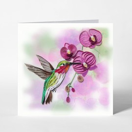 QUILLCRAFT Hummingbirds and Purple Orchid Quilling Card, Card, Quilled Quilling Card for Mothers Day, Birthday, Thank You, Artful Card for Him Her, Mom, Dad, Couple (Hummingbirds Orchid)