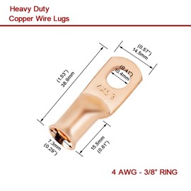 4 AWG 3/8" Stud (10 pcs.), Heavy Duty Battery Ring Terminal, 4 gauge Connectors, 4 gauge battery cable, Copper Wire Lugs, Copper Ring Terminals, Bare Copper Eyelets, Tubular Ring Terminal