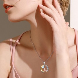 FLYOW Rabbit Necklace 925 Sterling Silver Bunny Crescent Moon Pendant Cute Animal Moonstone Necklace Anniversary Easter Mothers Day Jewelry for Women Mom Wife Friends