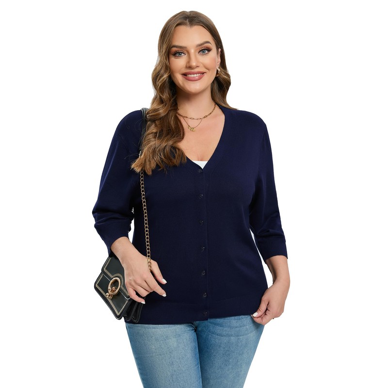 Cárdigan de manga 3/4 con botones para mujer, azul#, XL