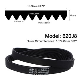 uxcell 620J8 PJ V-Ribbed Belt 8 Ribs 62" Length x 0.74" Width x 0.14" Thick, EPDM Poly V Belt, Industrial Transmission Serpentine Belt