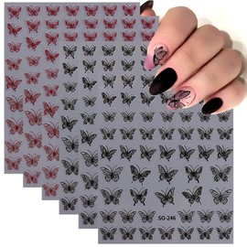 6Pcs Glitter Butterfly Nail Art Stickers, Shiny Butterfly Nail Decals 3D Black Red Self-Adhesive Small Butterfly Nail Stickers French Nails DIY Butterflies Nail Sticker for Women DIY Nail Supplies