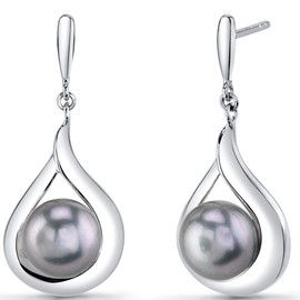 Peora Freshwater Cultured Grey Pearl Dangle Earrings in Sterling Silver, Open Raindrop Design, 8mm Round Button Shape, Friction Backs