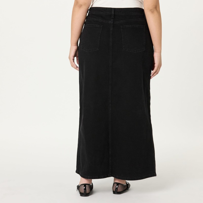 The Drop Rylie Maxi Denim Skirt with Front Slit Skirt,