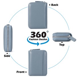 RSXING Credit Card Holder Women's Genuine Leather RFID Protection Blocker Card Case Small Card Holder Purse Women Mini Card Wallet with Zip, blue, Modern