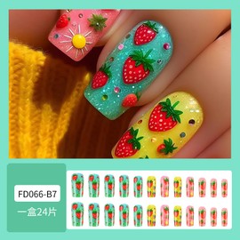 CEWEWP Summer Fruit Press on Nails Medium Square Fake Nails with Strawberry Designs Colorful Acrylic Nails Glossy Glue on Nails Artificial False Nails Coffin Stick on Nails for Women 24Pcs